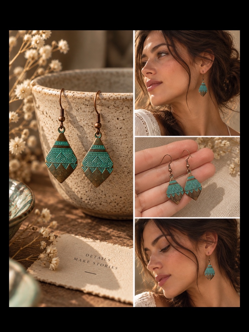 Boho Teardrop Turquoise & Antique Gold Dangle Earrings